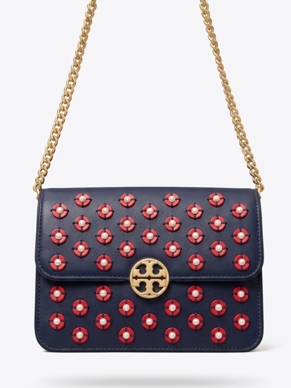 Tory Burch Blue Leather Duet Chain Embellished Shoulder Bag